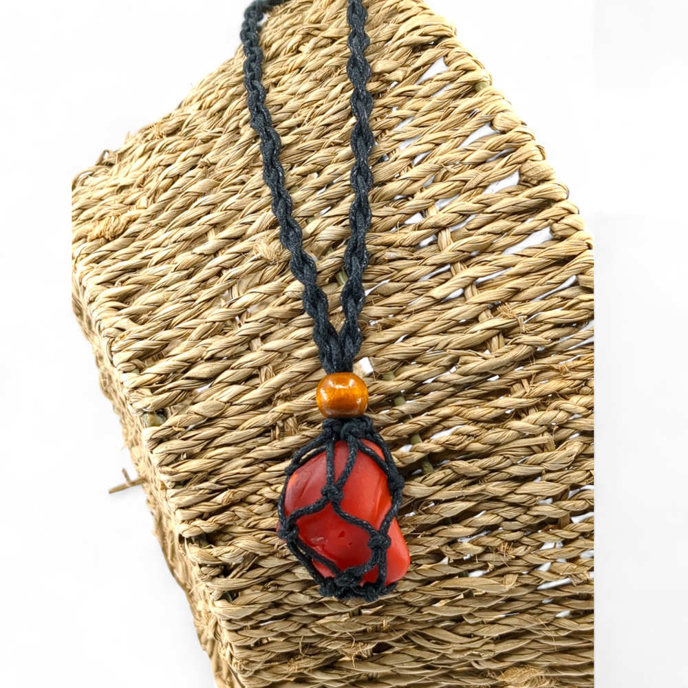 Red Swirl Tumbled Art Glass Handmade Pendant Necklace Black Braided Cord J2422